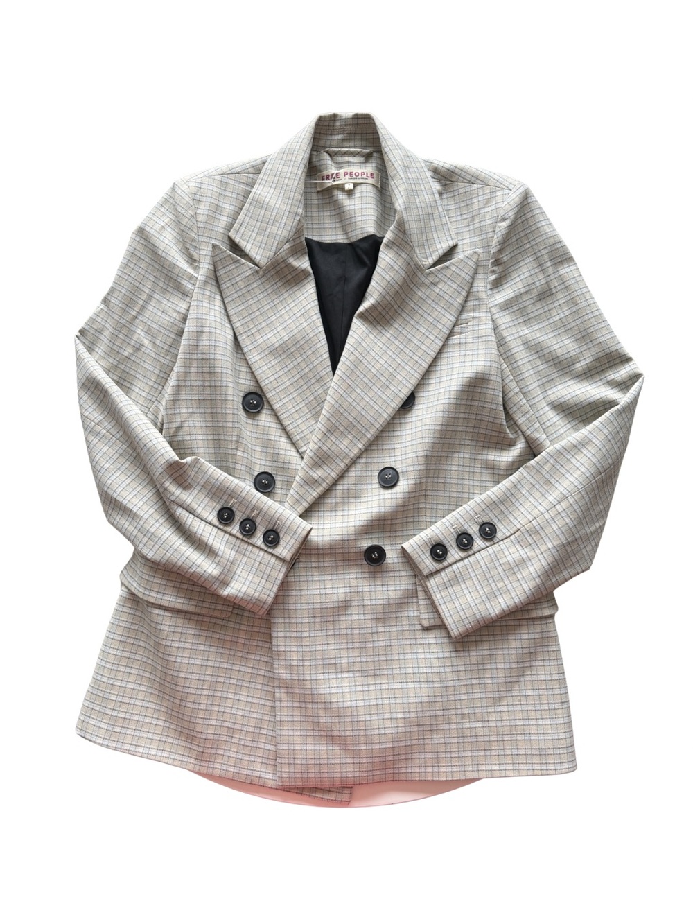 Free People Neutral Plaid Double-Breasted Blazer